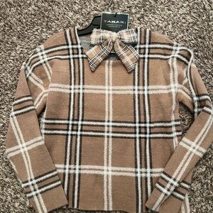 Tahari Tan Plaid Sweater with Bow Collar